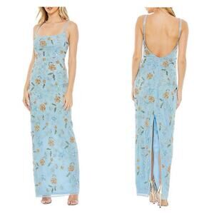 Mac Duggal Beaded Floral Column Gown Dress Sleeveless Dusty Blue Size 4 NWT